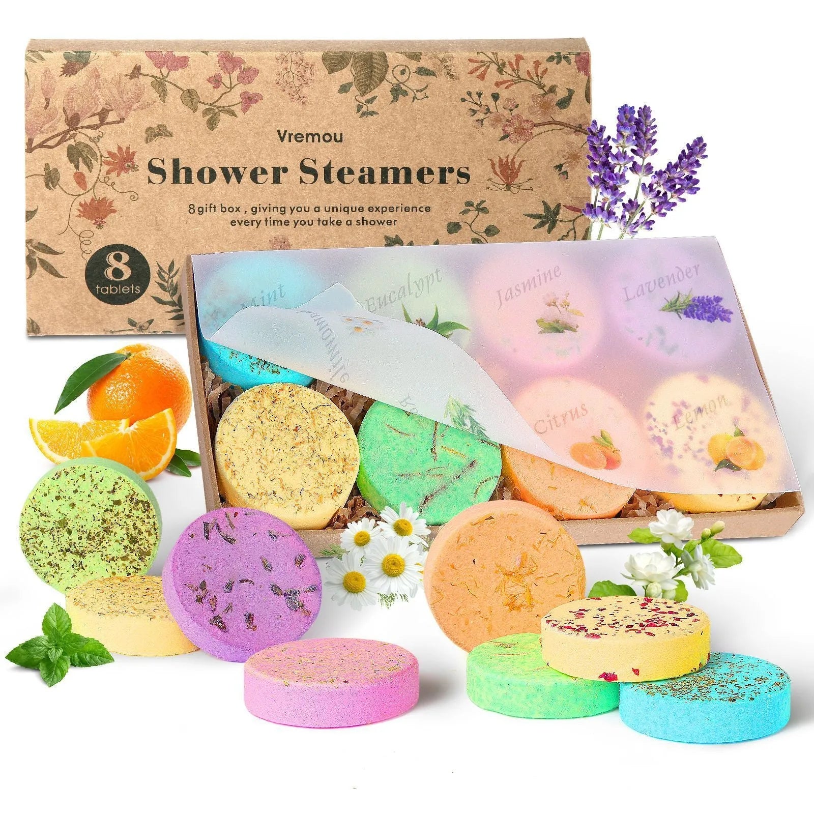 Set of eight round dried flower fragrance shower pieces, 35g each, bath salts type