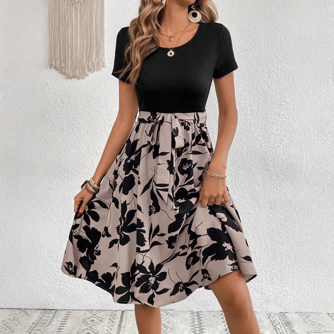 Women's floral print A-line dress with lace-up detail and regular sleeves in khaki colour