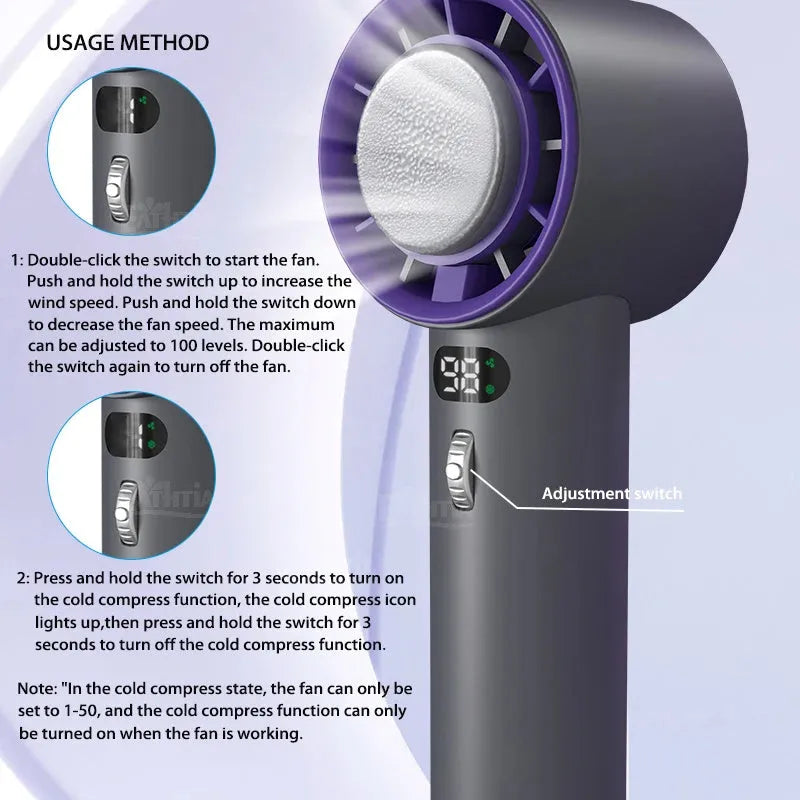 Portable handheld turbo fan with semiconductor refrigeration, 3000mAh battery, adjustable wind speeds, 58x60.5x170mm, white colour option