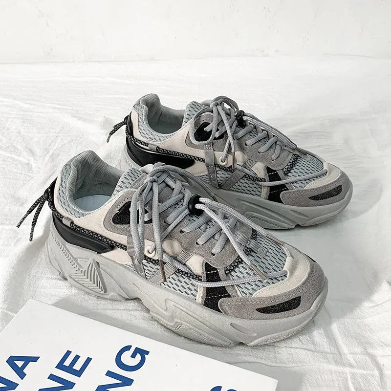 Men's Korean style platform dad shoes in white, black, or grey with mesh lining and lace-up front