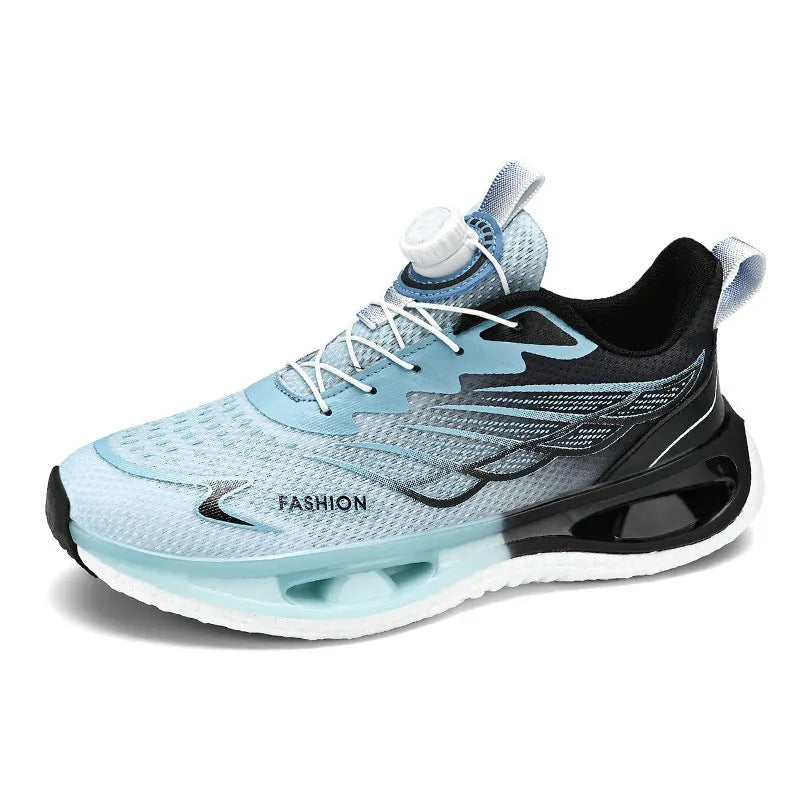 Low-top shock absorption rotating button sneaker in light blue mesh with a rubber sole.