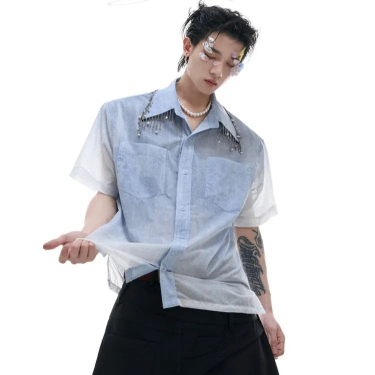 Men's loose blue gradient short sleeve casual polyester shirt on a hanger.