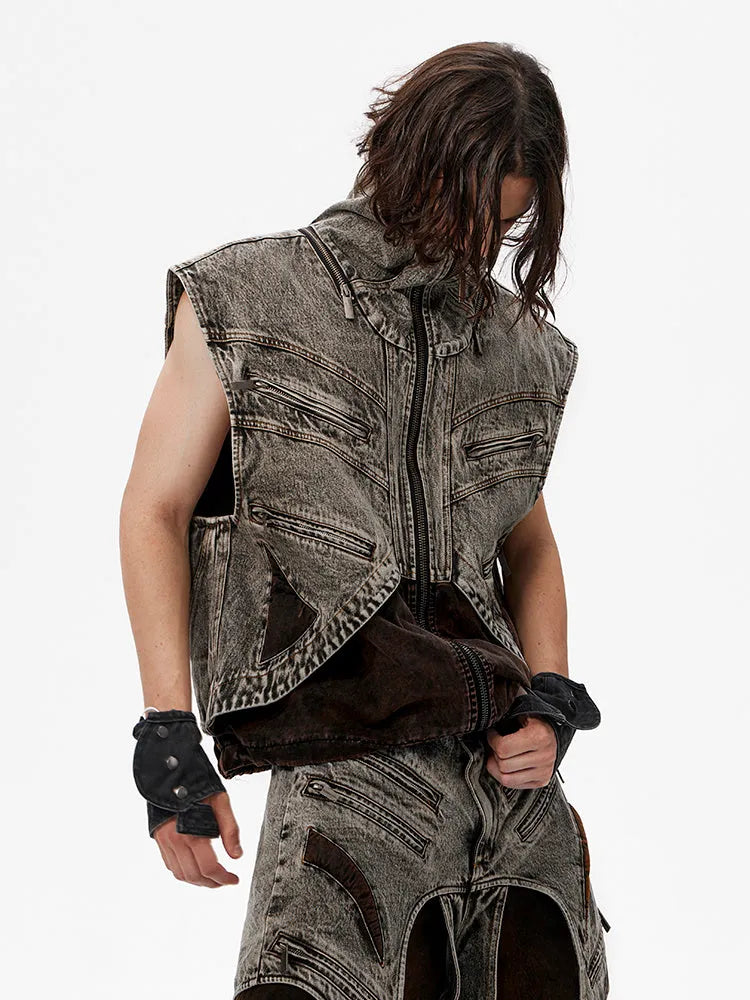 Men's blue denim vest jacket with front zipper and sleeveless design for summer wear