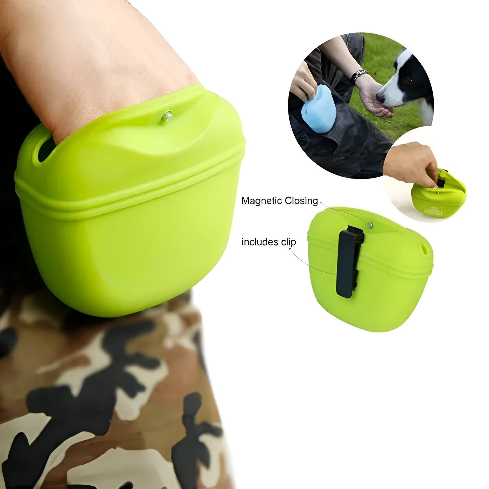 Silicone dog training treat pouch with belt clip and magnetic closure, shown in assorted colours.