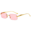 Gold metal leopard head frameless square sunglasses with pink PC lenses on a white background