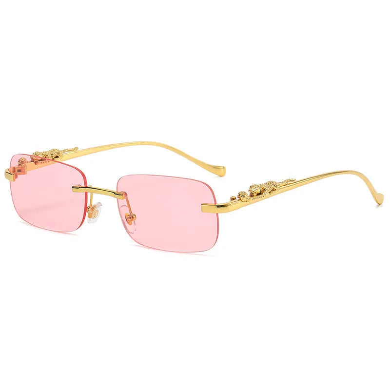 Gold metal leopard head frameless square sunglasses with pink PC lenses on a white background