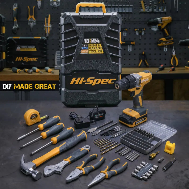 Grey yellow 82-piece home repair tool set in toolbox for furniture installation
