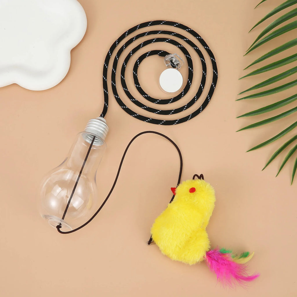 Interactive cat toy hanging from door frame with dangling mouse toy and elastic rope extending downward