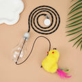 Interactive cat toy hanging from door frame with dangling mouse toy and elastic rope extending downward