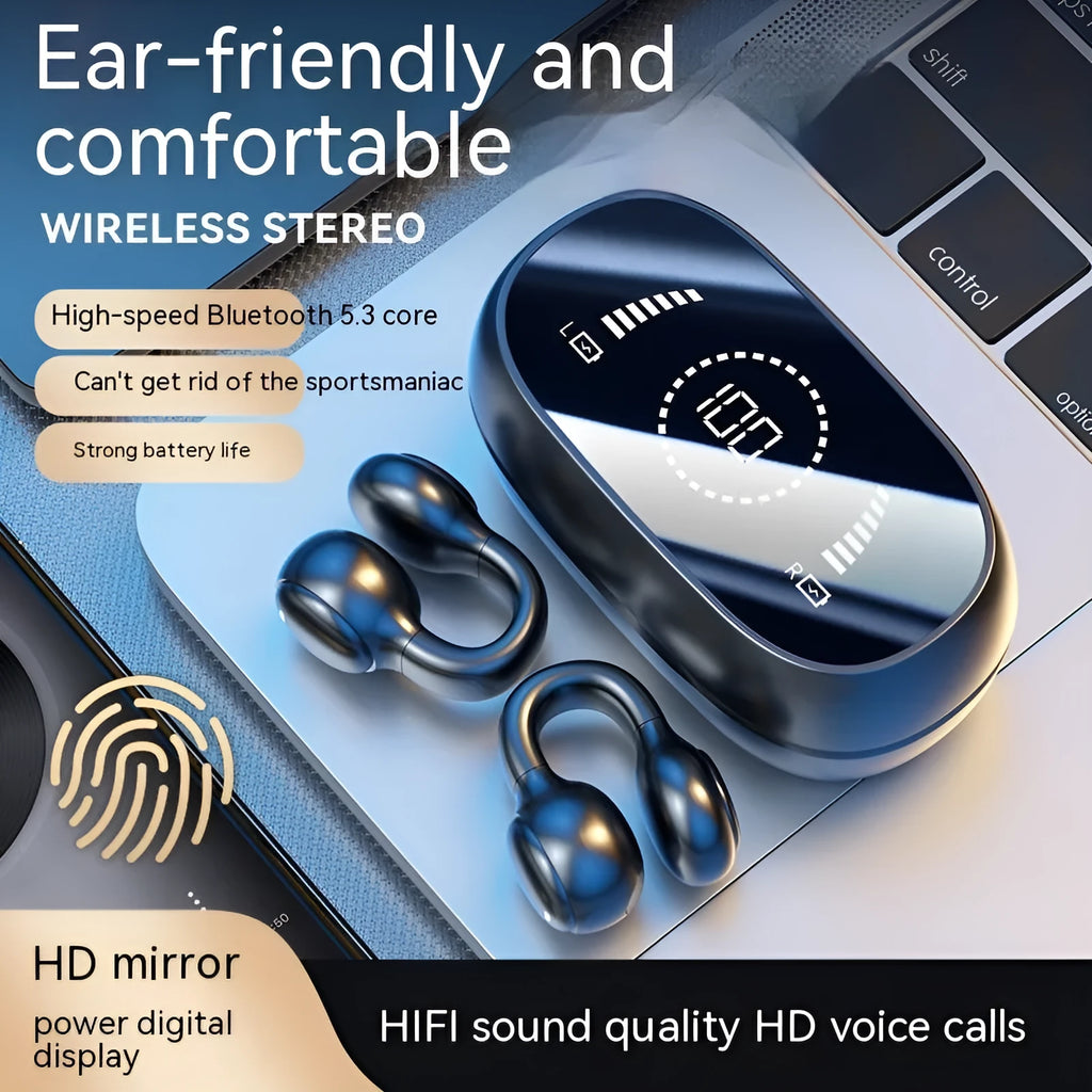 M47 Bluetooth wireless sports headset in black with clip-on design and digital display screen
