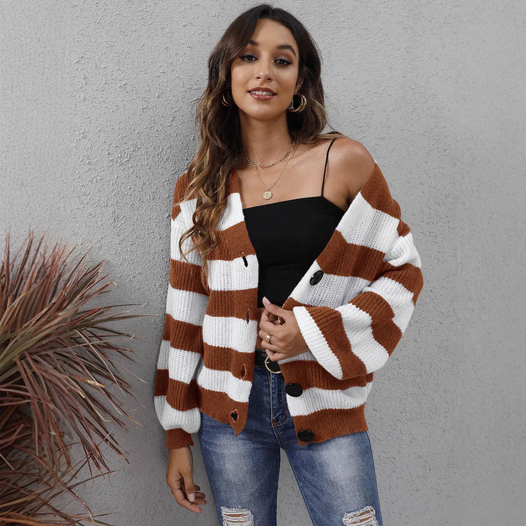 Women's striped deer plush cardigan with button front in dark green colour