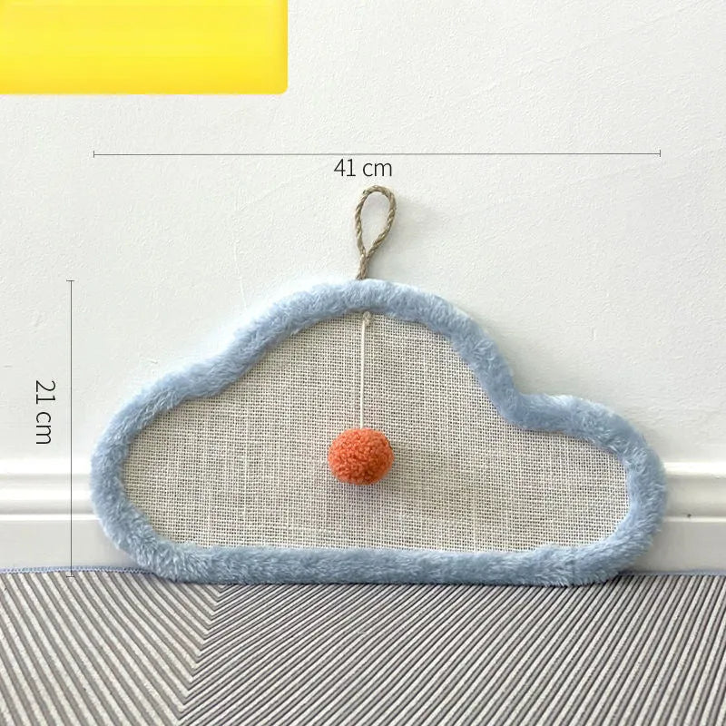 White wall-mounted cat scratching mat with natural sisal and sleeping cat cartoon design.