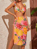Women's printed three-piece swimsuit set with skirt component in multiple colour options