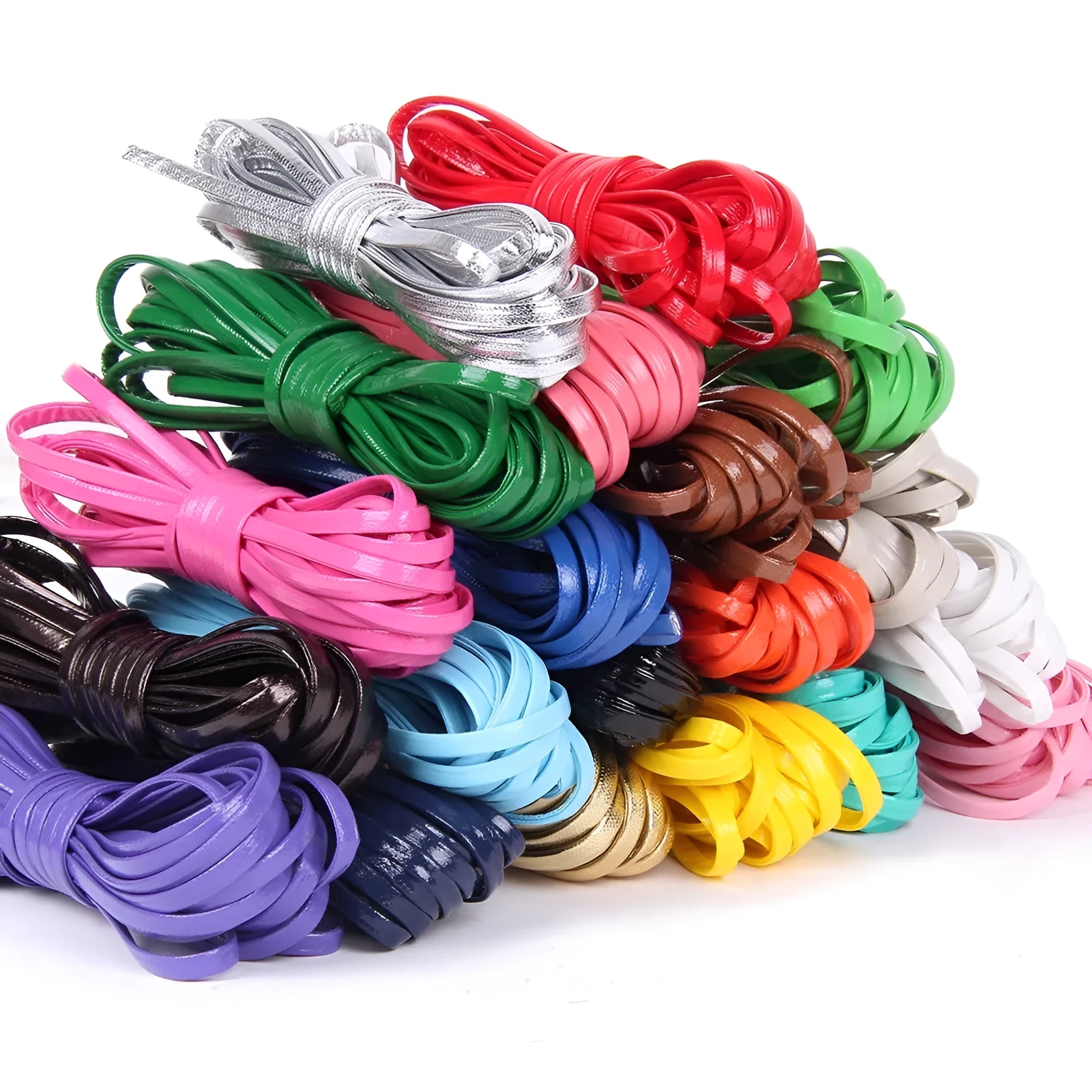 Coils of soft black, brown, and blue woven PU leather craft cord in different thicknesses.