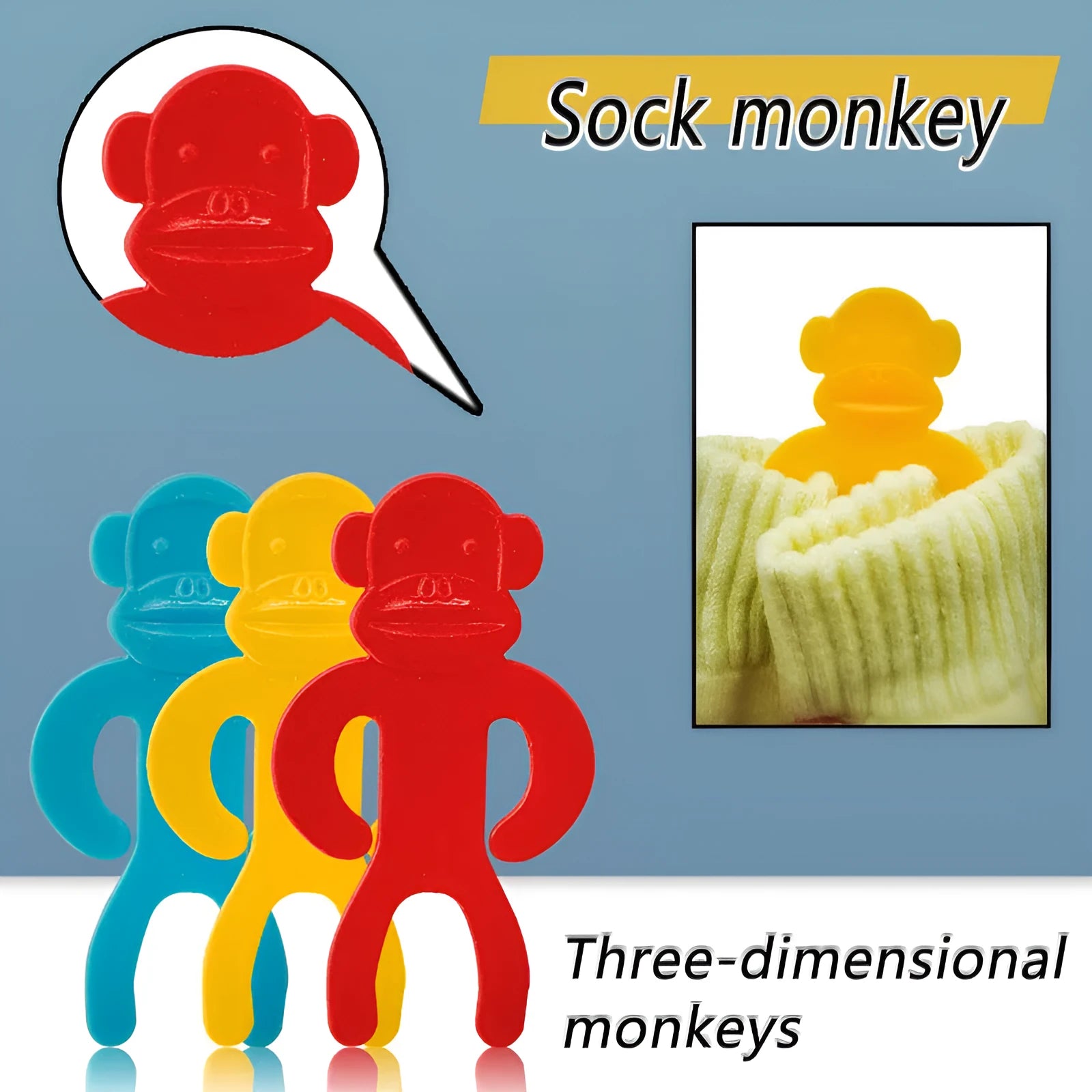 Blue, yellow, and red plastic socks storage clips for washing machine organisation.