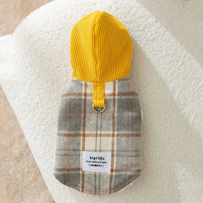 Blue corduroy dog hooded vest with chessboard grid pattern and traction hood design