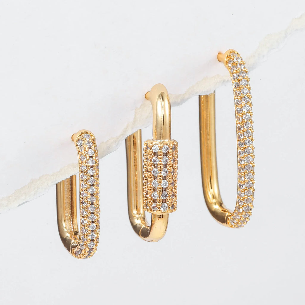 Geometric three-piece earring set with micro-inlaid zircon stones and square ear clips in gold or white k colours