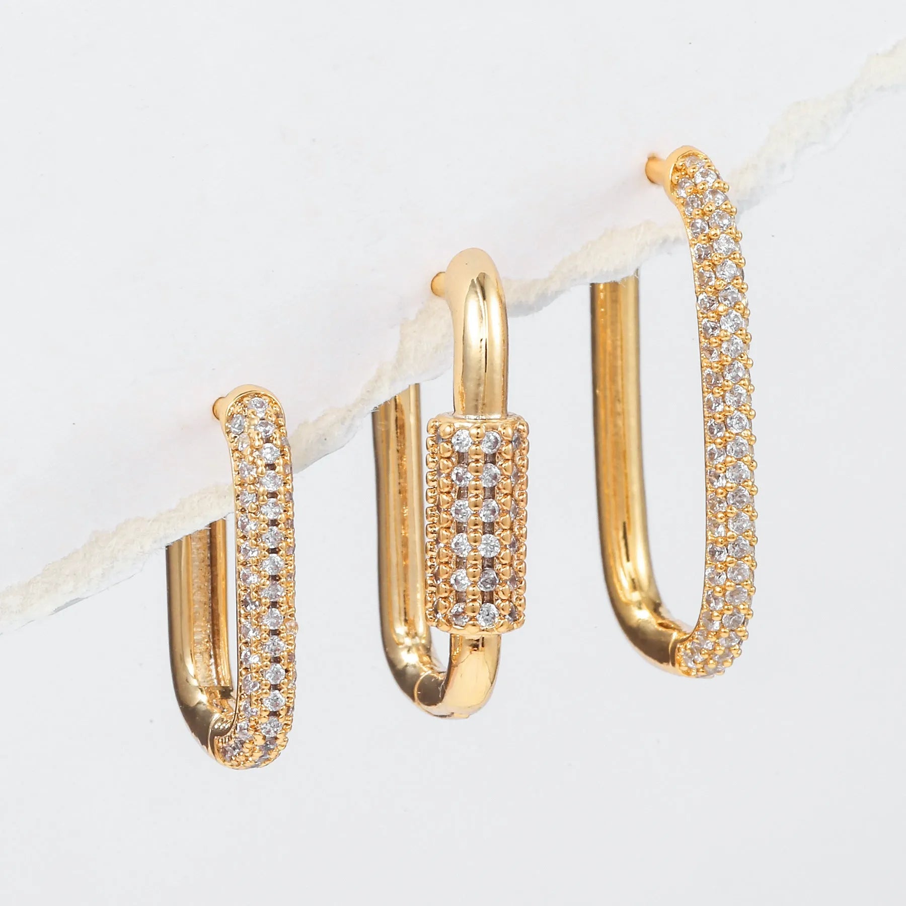 Geometric three-piece earring set with micro-inlaid zircon stones and square ear clips in gold or white k colours