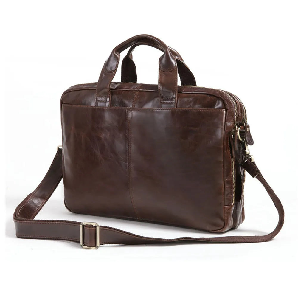 Brown cowhide leather business briefcase with 18-inch laptop compartment