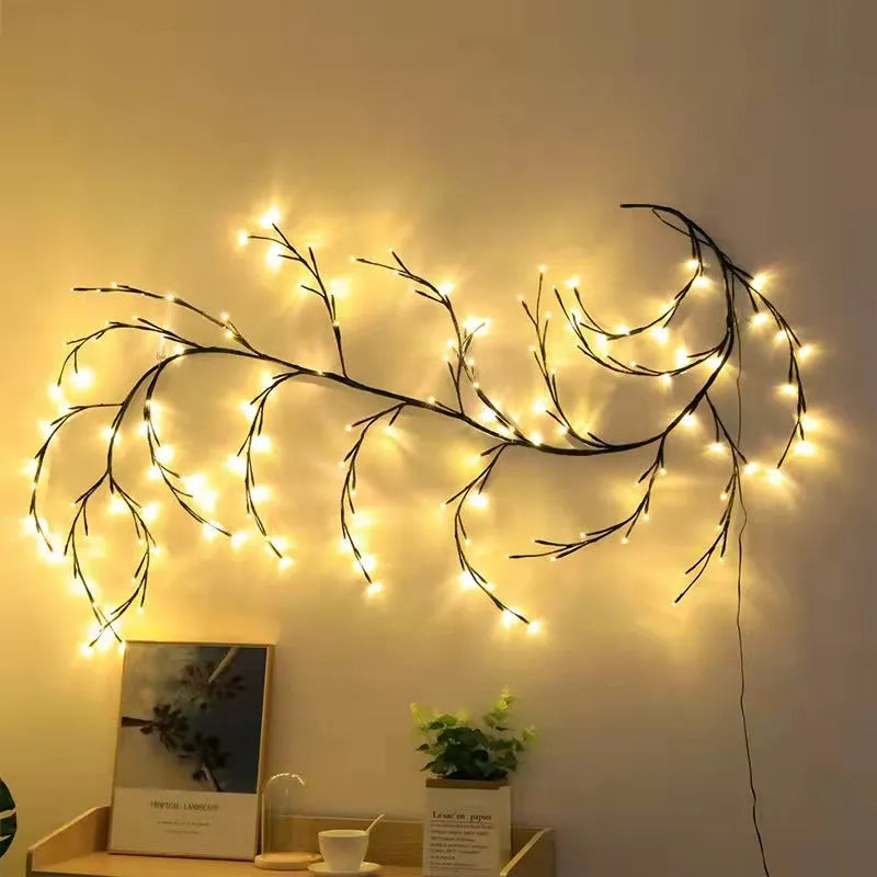 Flexible LED willow vine garland with 144 warm white lights and birch bark texture for wall decoration