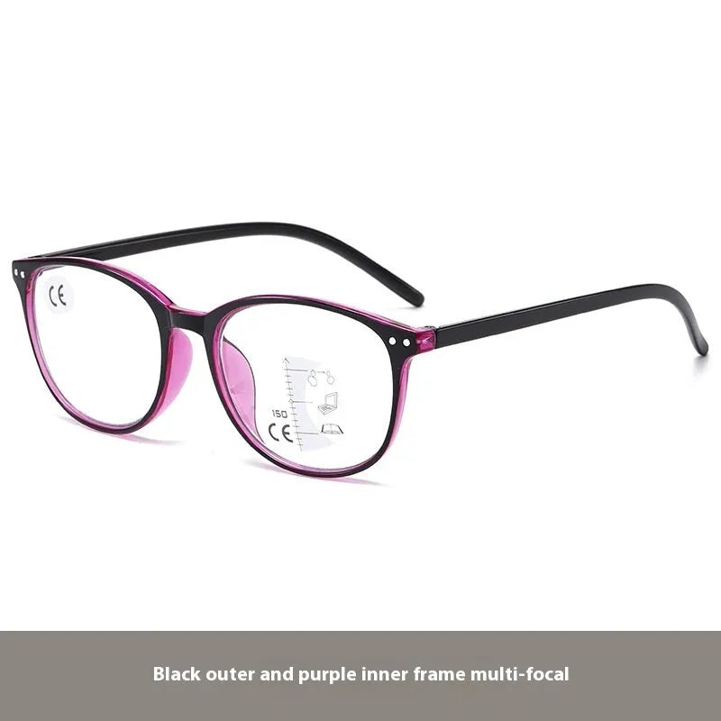 Ultra-light women's presbyopic glasses showing black focus and champagne box frame colours