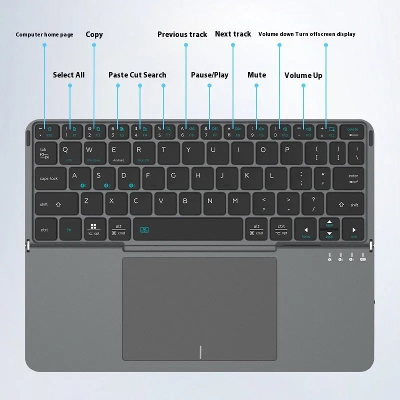 Grey wireless Bluetooth folding keyboard shown open for use with mobile phones and tablets