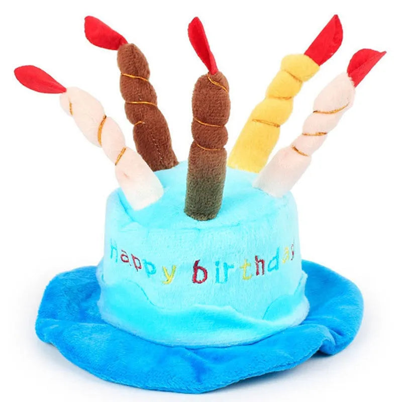 Blue or pink dog birthday hat toy for small to medium dogs on a white background.