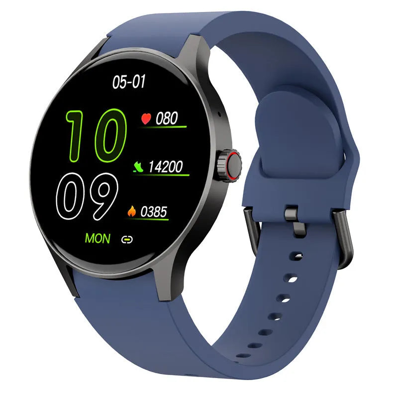 Black unisex smartwatch with a round 1.43-inch screen on a wrist, showing a fitness tracker display.