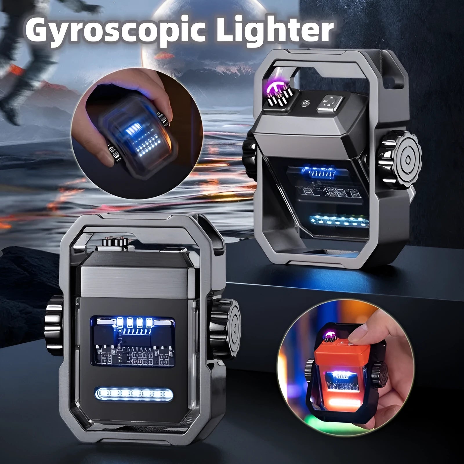 Blue windproof electric plasma lighter with a spinning metal gyroscope, shown folded and unfolded.