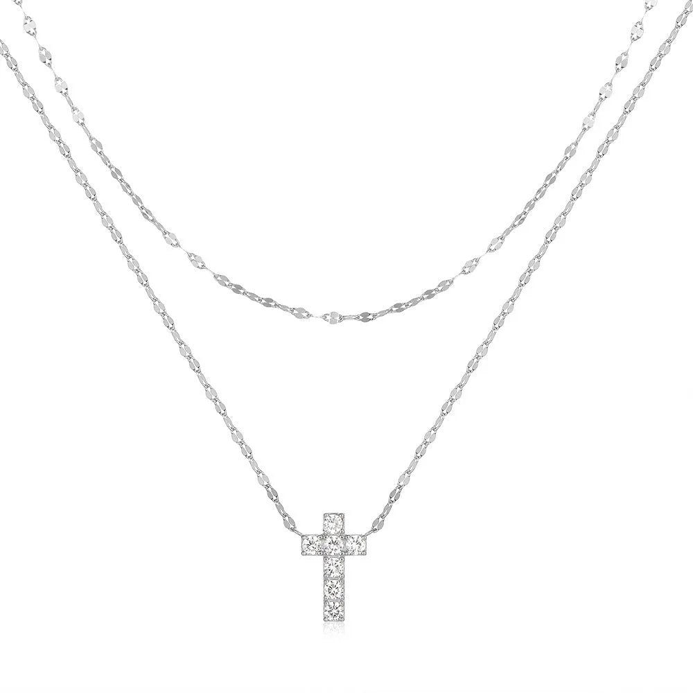S925 sterling silver double layer twin diamond cross pendant necklace with clavicle chain in gold finish
