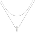 S925 sterling silver double layer twin diamond cross pendant necklace with clavicle chain in gold finish