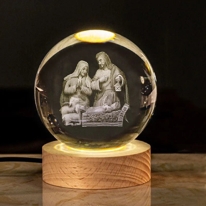 6cm white crystal religious ornament on wooden base with warm lighting