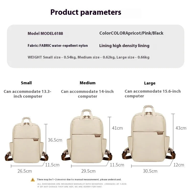 Large nylon women's travel backpack in apricot colour showing internal laptop compartment and multiple pockets.