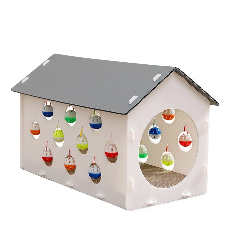 Plastic integrated cat scratch board with attached nest, tunnel, and bell ball toy