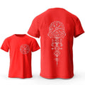 Man wearing a grey t-shirt with a printed Viking rune compass design on the chest.