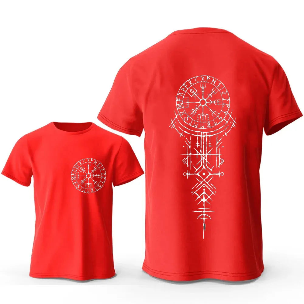 Man wearing a grey t-shirt with a printed Viking rune compass design on the chest.