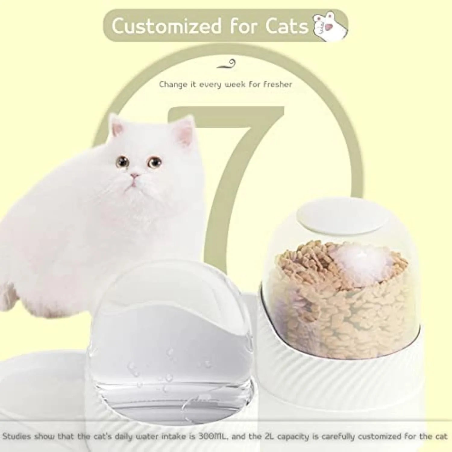 White automatic cat feeder and water dispenser set with wavy design, each bowl 33.5 cm long.