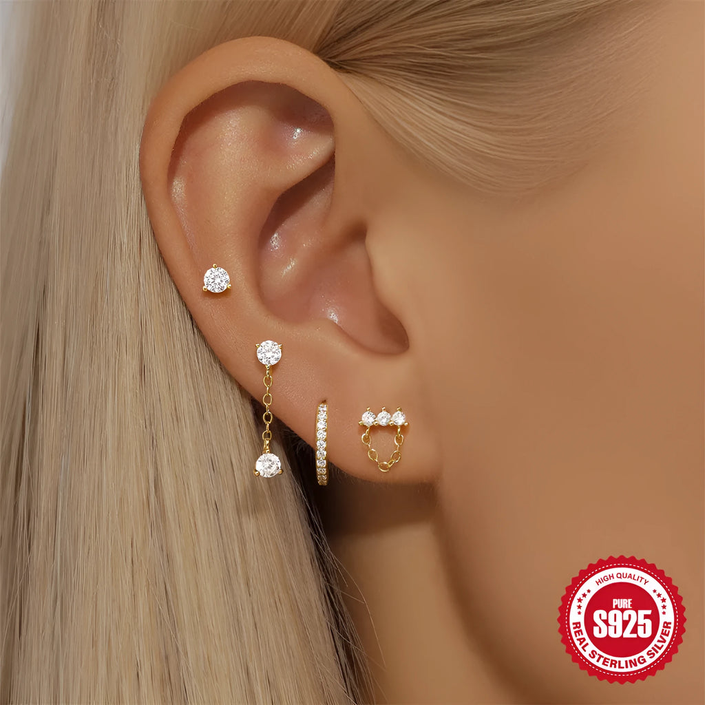S925 sterling silver clover petal earrings with geometric design and gold electroplating
