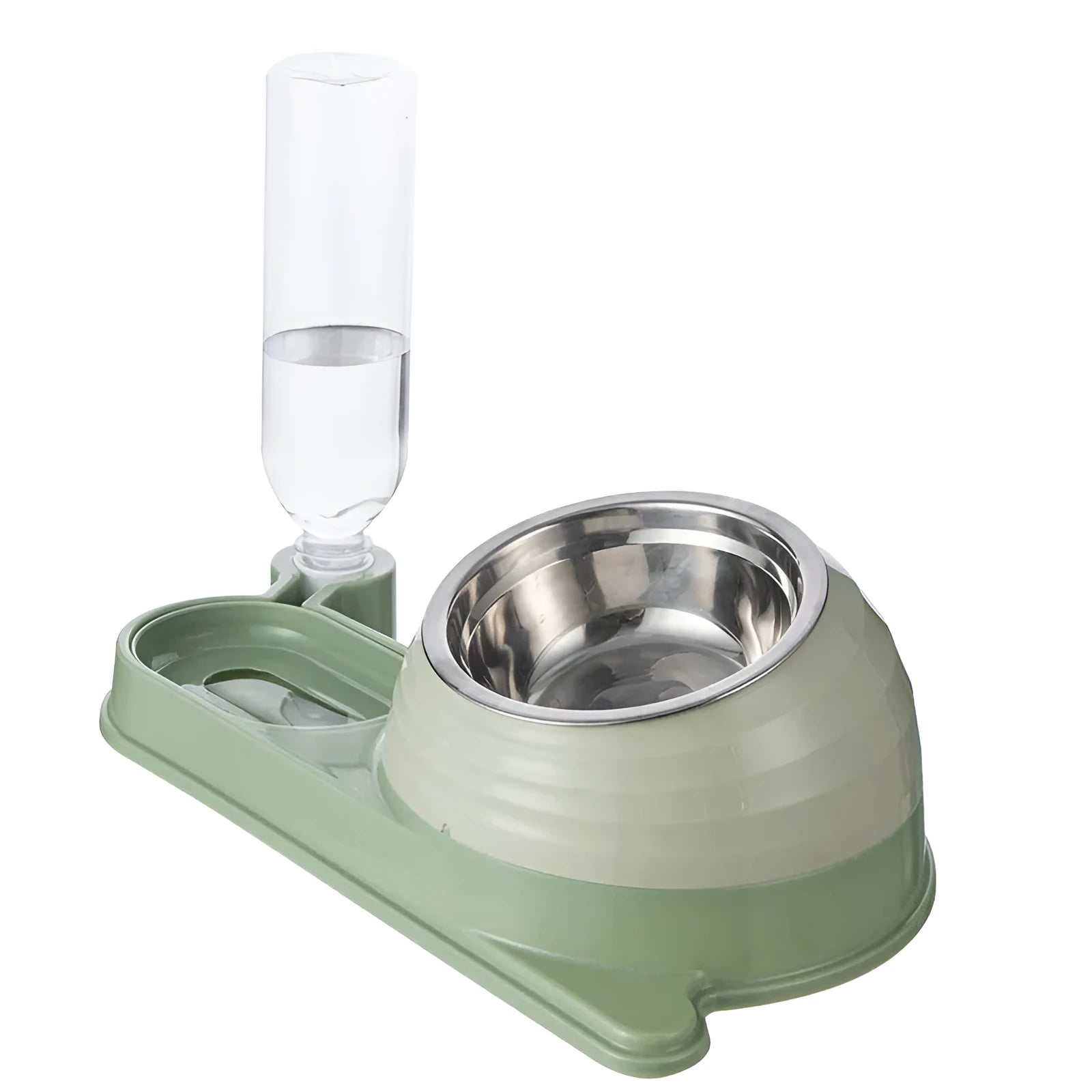 Brown elevated cat food bowl with automatic water dispenser bottle