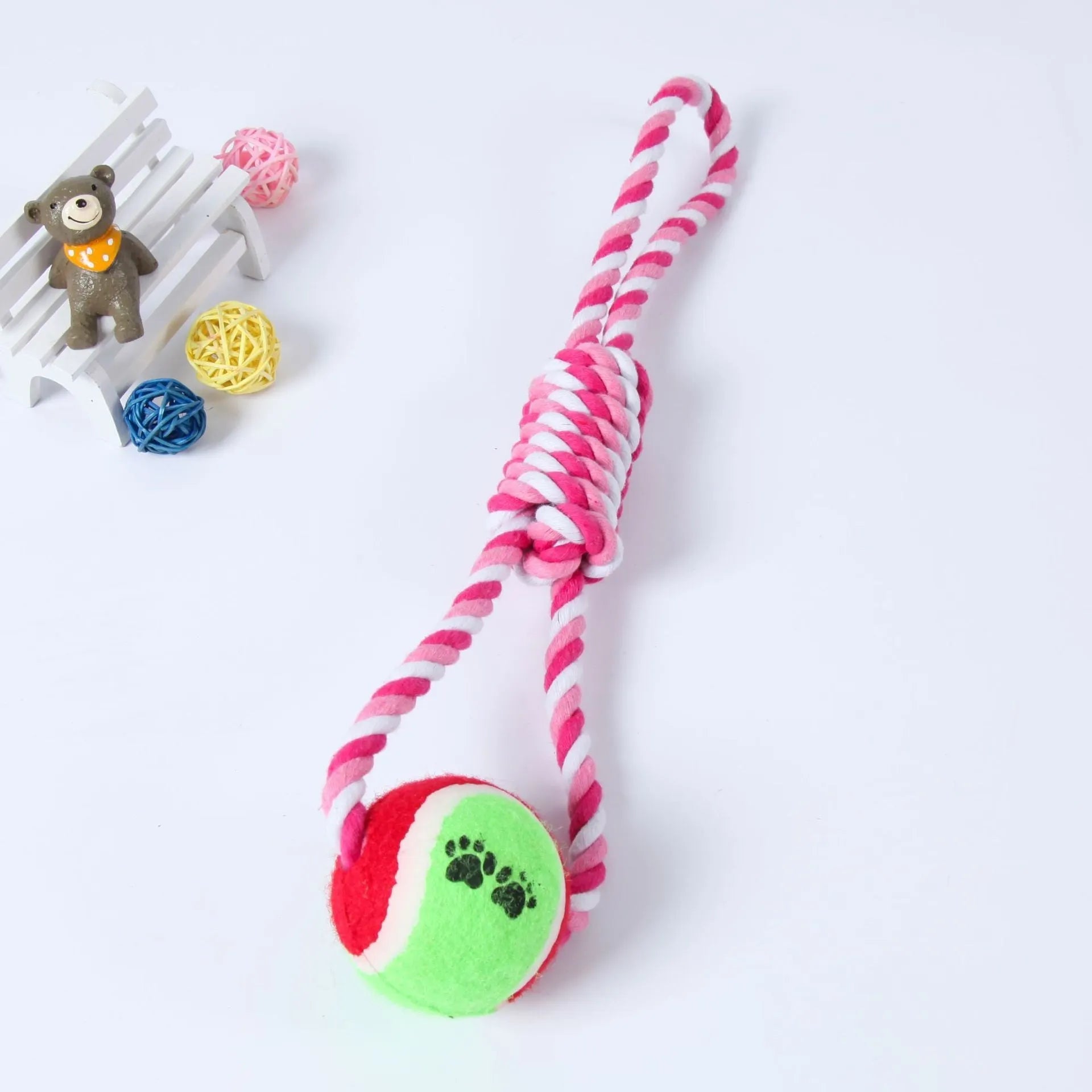 38cm long red and white twisted cotton rope dog toy for tugging with a large breed dog.