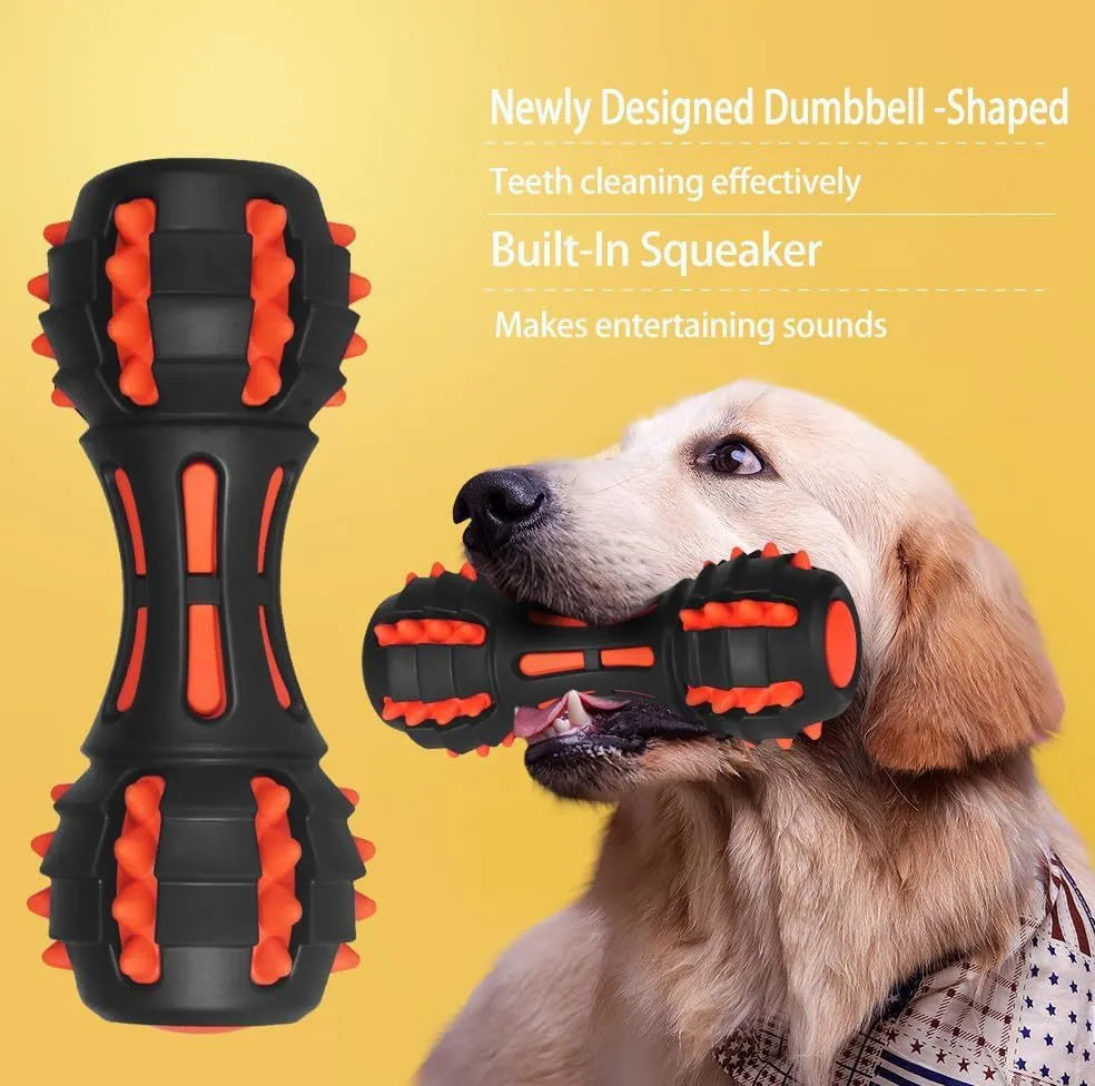 Red dumbbell-shaped dog chew toy with textured surface for medium to large breed aggressive chewers