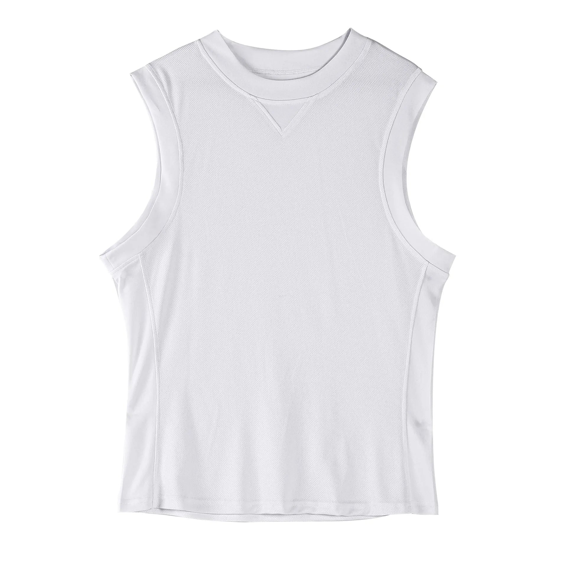 Men's loose fit white sports vest made from quick-dry polyester fabric for summer fitness