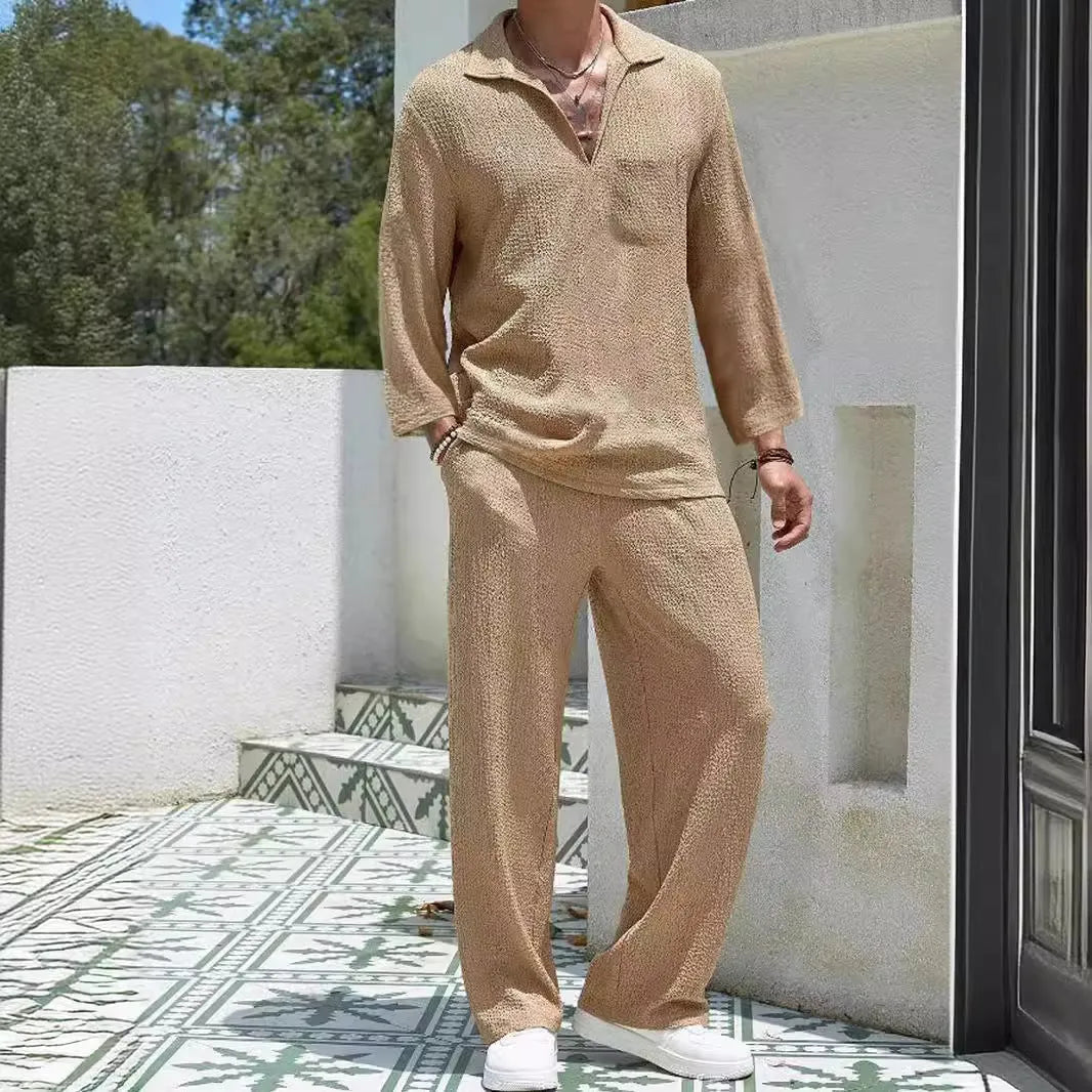 Men's casual polyester shirt and trousers commuter suit in four colour options for autumn leisure wear