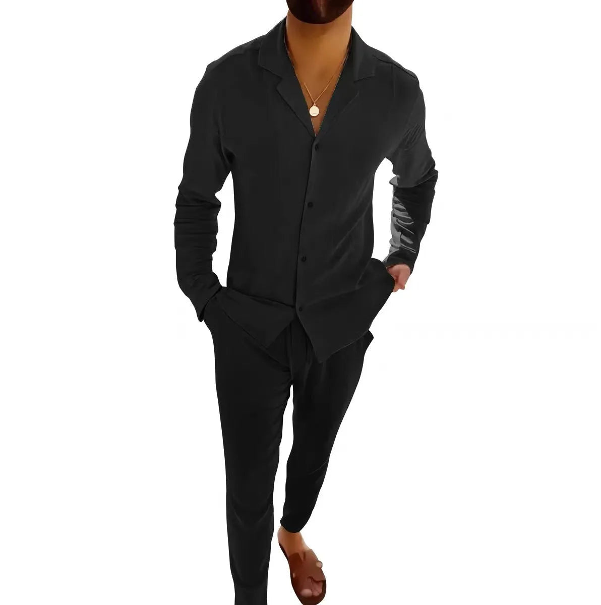 Men's cotton casual suit set with long-sleeve lapel shirt and slim-fit trousers in beige