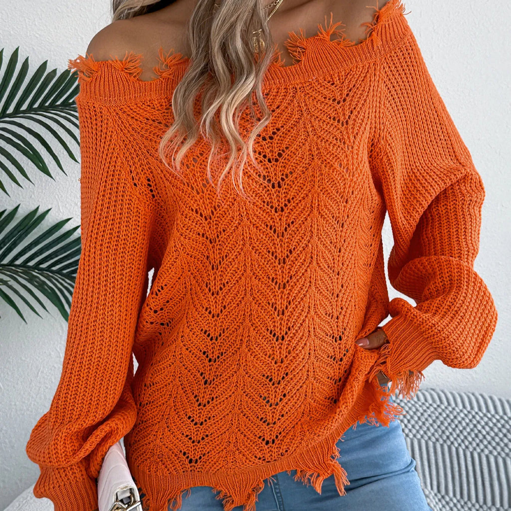 Hollow-out cut-off shoulder pullover sweater in artificial wool acrylic fabric showing street fashion styling