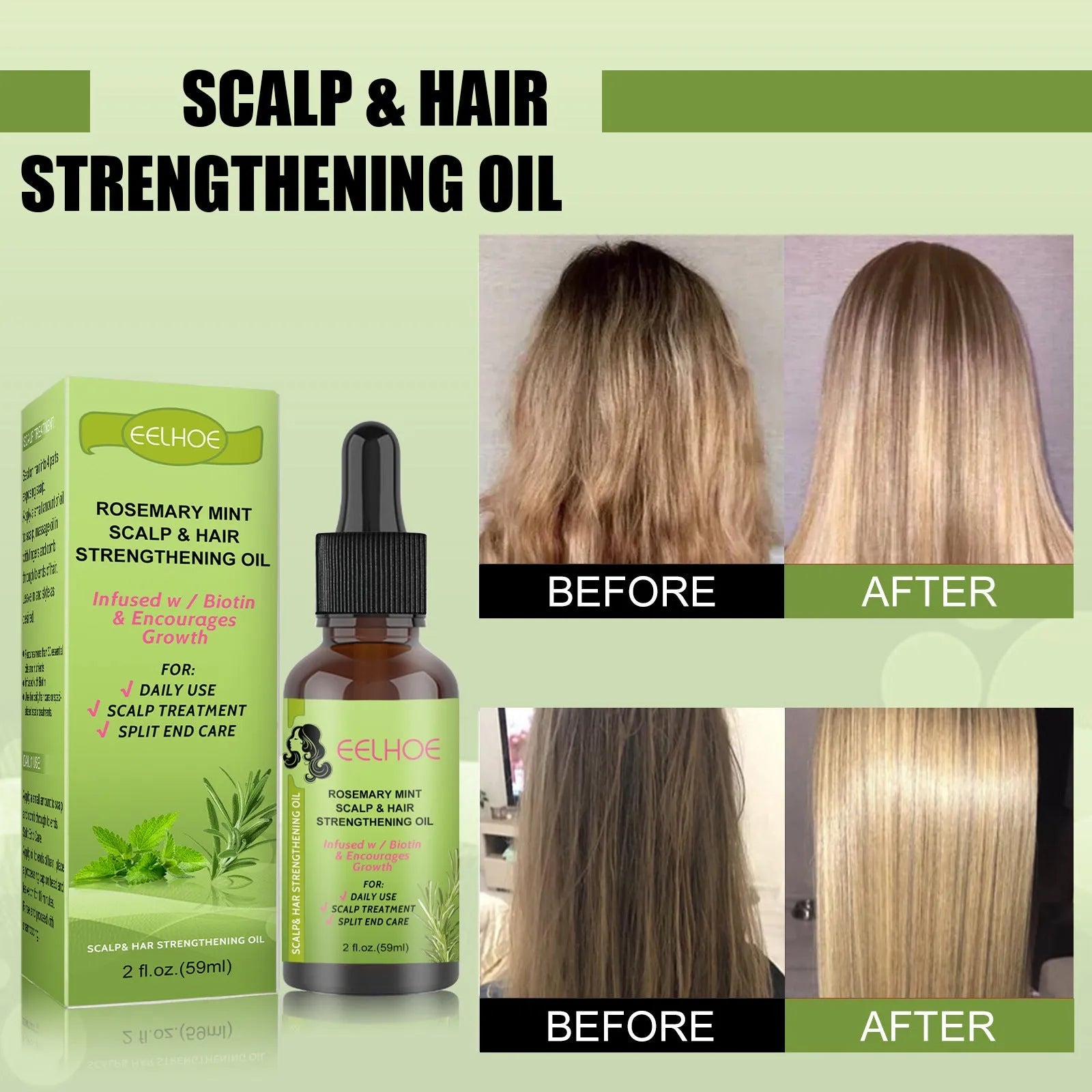 59ml bottle of Rosemary Mint Hair Growth Fluid for scalp massage and hair repair.