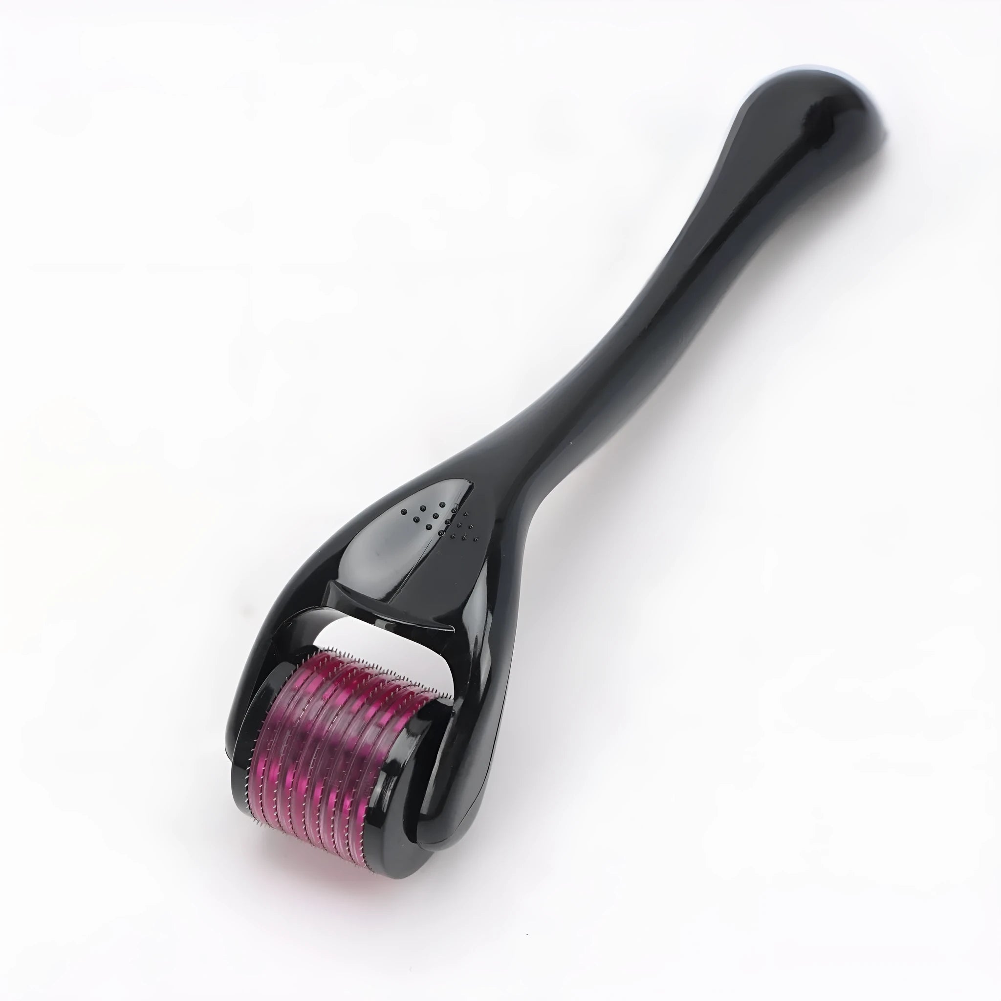 Black handle microneedle roller with purple wheel showing 540 needles, next to white and blue handle options.