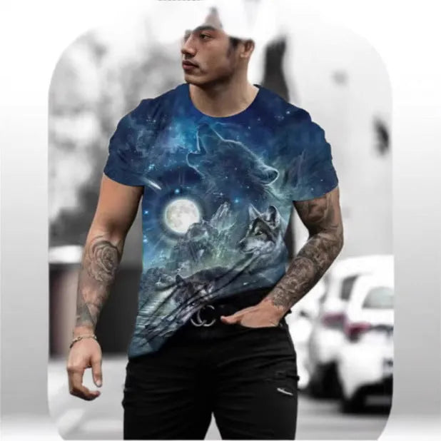 Men's short-sleeved T-shirt with a retro style 3D animal graphic print on light blue fabric.
