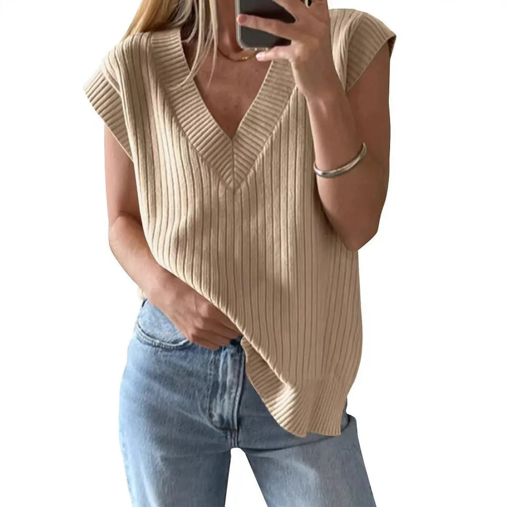 Camel coloured loose fit V-neck sleeveless vest with striped pattern on hanger