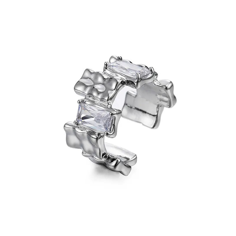 Silver open ring with cross zircon stones and geometric design